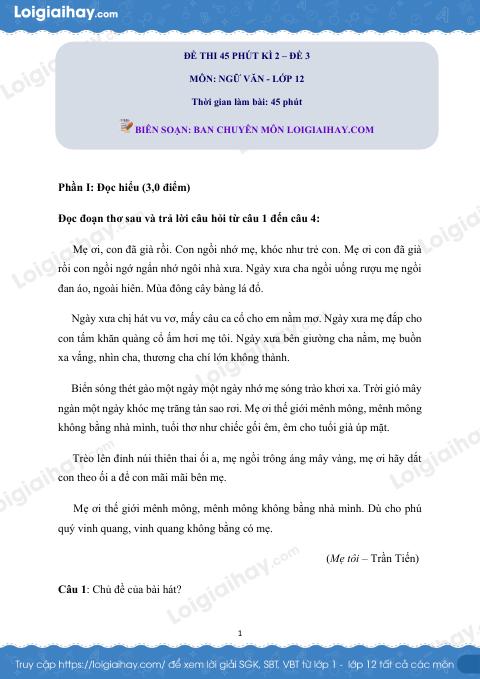 Đề kiểm tra 45 phút kì II Ngữ văn 12 - Đề số 3 có lời giải chi tiết